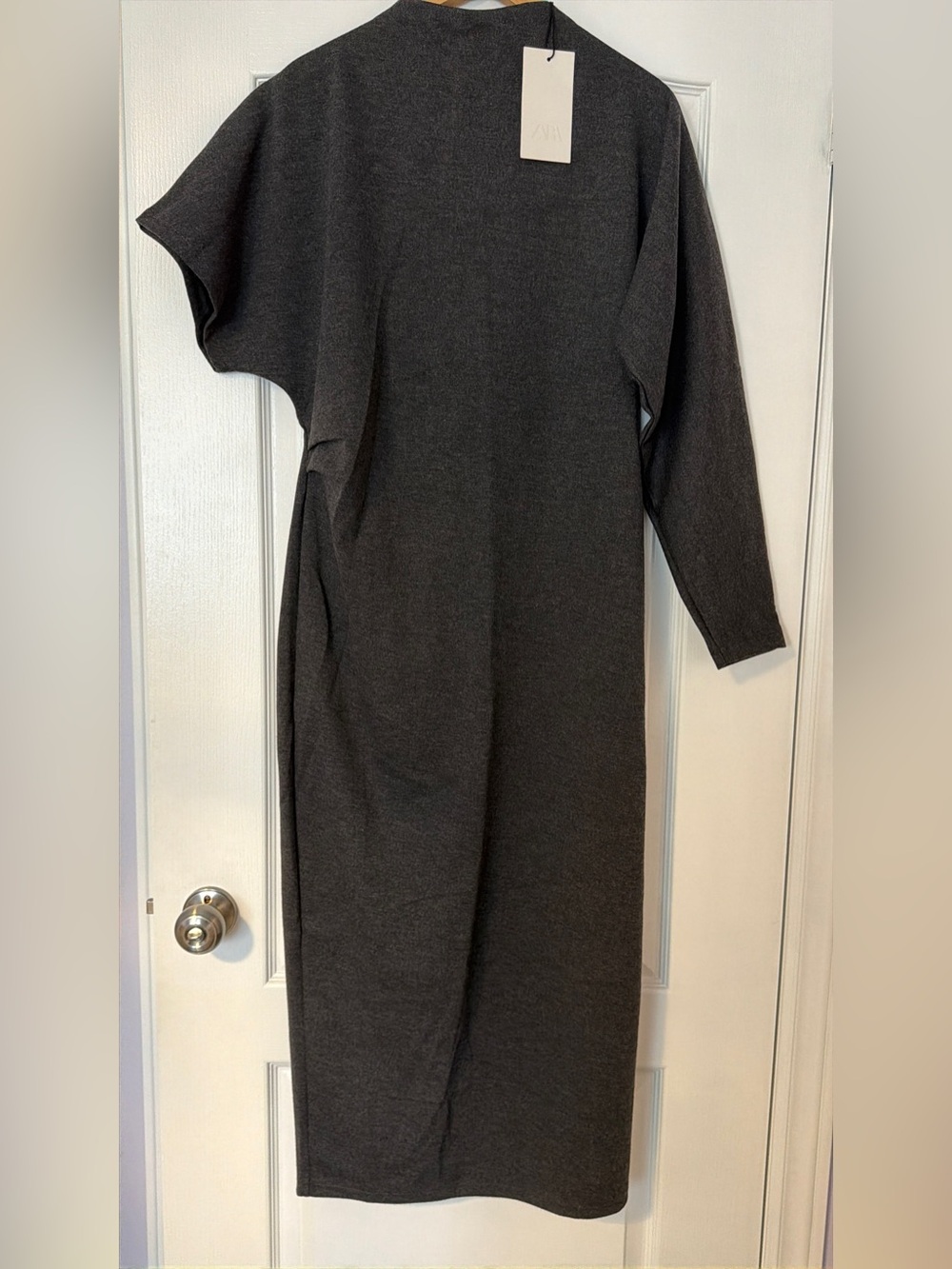 NWT ZARA Charcoal Grey Knit Draped Midi Dress Size L